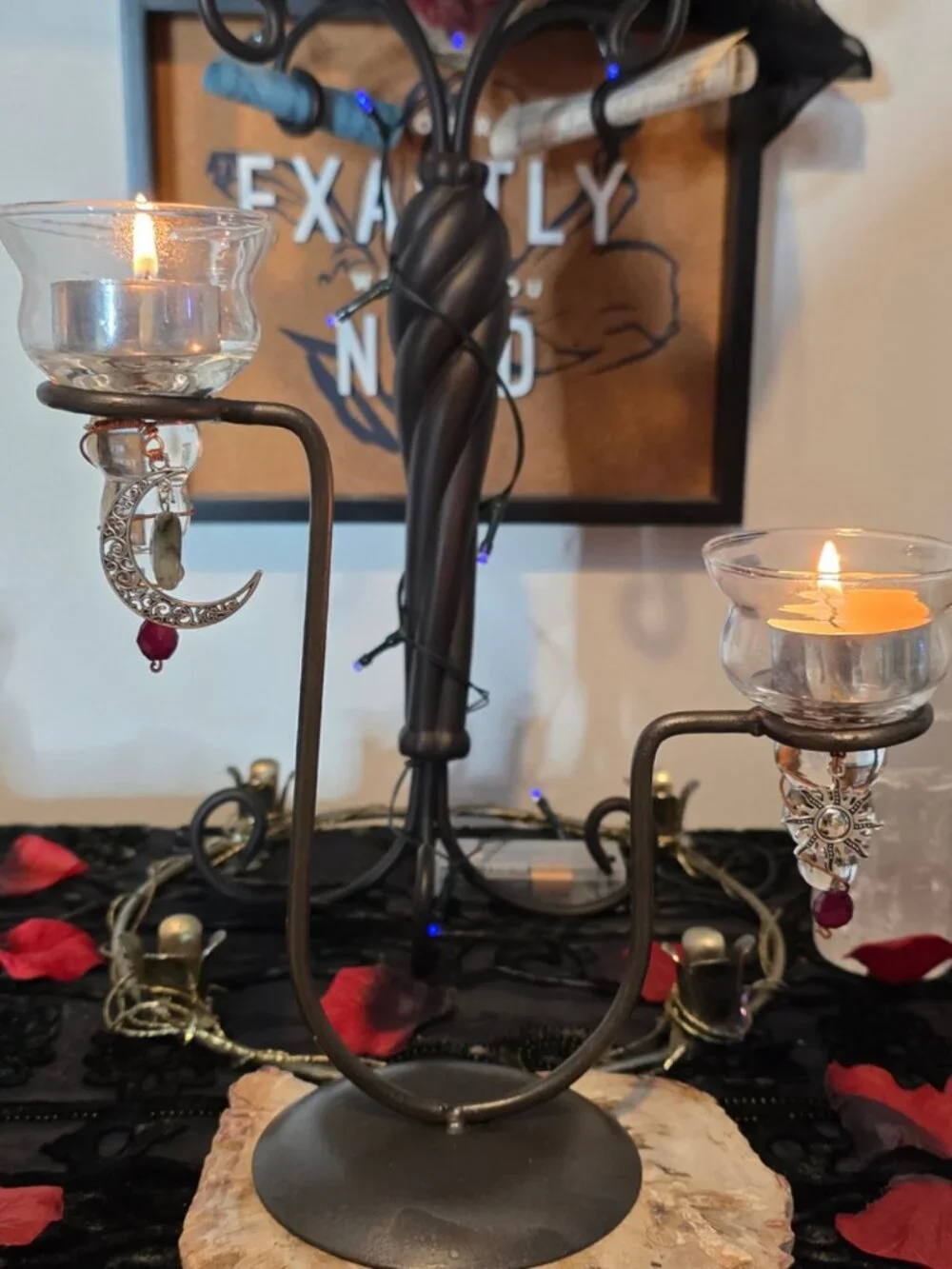Gothic Celestial Candle Holder | Labradorite Moon, Sun Charms, Wrapped Copper